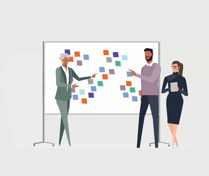 illustration of colleauges looking at a whiteboard with sticky notes